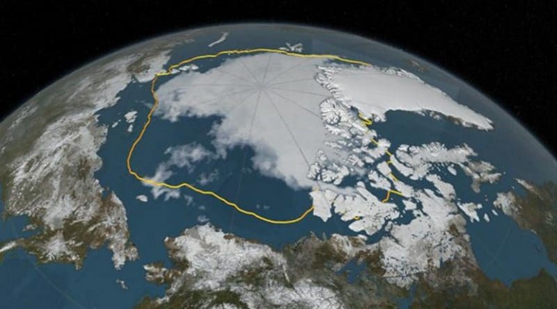 This image was taken in September 2016 showing the extent of Arctic sea ice then. The yellow line shows the average minimum extent of sea ice in the Arctic from 1981 to 2010. Credit NASA