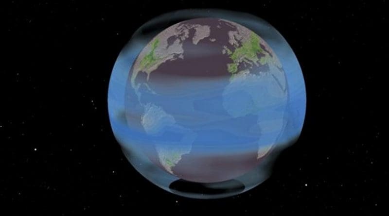 One proposal for solar geoengineering is to inject sulfate aerosols into the atmosphere, similar to what happens after large volcanic eruptions. The blanket of smog acts as an umbrella, reducing sunlight and temperatures a few percent to counter global warming. Credit Stephen McNally and Hulda Nelson, UC Berkeley