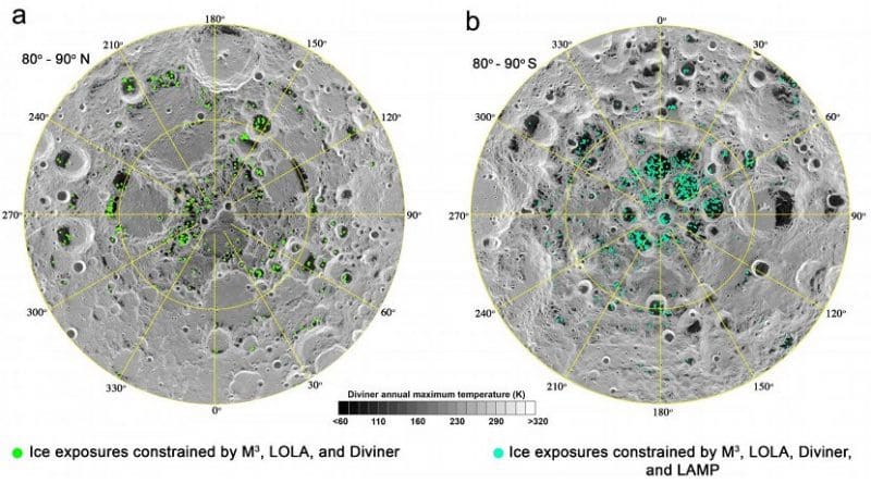This image shows the surface exposed water ice (green and blue dots) in the lunar polar regions overlain on the annual maximum temperature (darker=colder, brighter=warmer). Credit Shuai Li, University of Hawaii SOEST/ HIGP