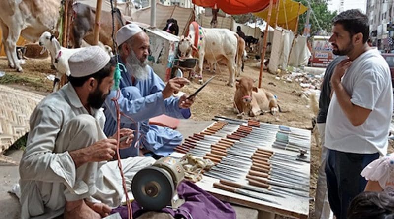 A view of makeshift camp set up for sacrificial animals in Karachi's busy Gulistan-e-Johar area. (Photo by Zahid Hussain/ucanews.com)