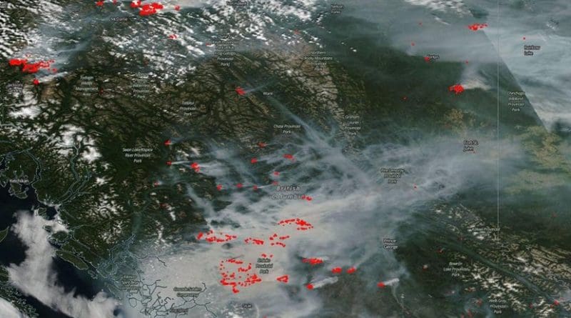 British Columbia is on fire. In this Canadian province 56 wildfires "of note" are active and continuing to blow smoke into the skies overhead. Credit Image Courtesy: NASA Worldview, Earth Observing System Data and Information System (EOSDIS).