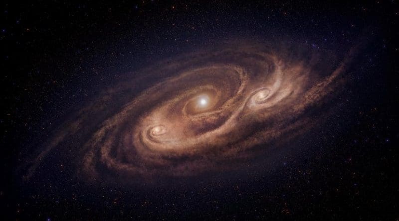 This galaxy is located 12.4 billion light-years away and is forming stars 1000 times more rapidly than our Milky Way Galaxy. ALMA observations revealed dense gas concentrations in the disk, and intense star formation in those concentrations. Credit National Astronomical Observatory of Japan