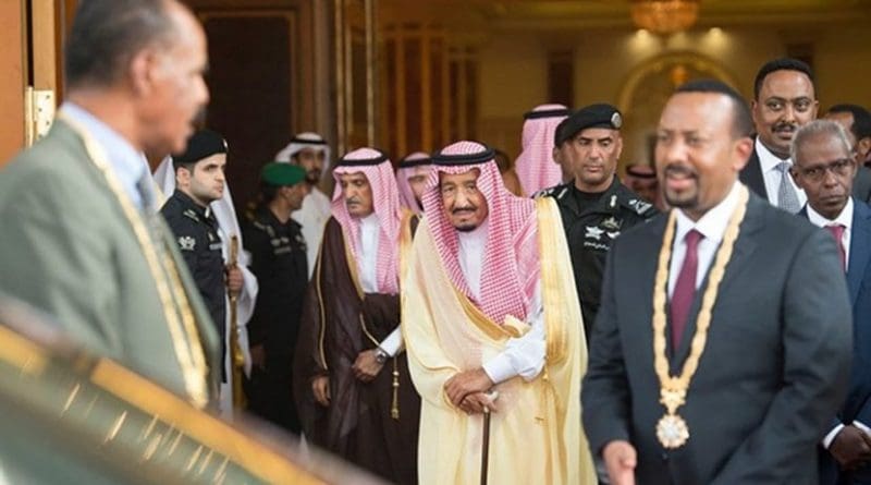 Saudi Arabia’s King Salman, Eritrean President Isaias Afwerki and Ethiopia’s Prime Minister Abiy Ahmed in Jeddah. (SPA)