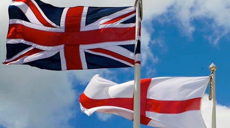 The flag of England flying alongside the flag of the United Kingdom. Photo Credit, Thor, Wikipedia Commons