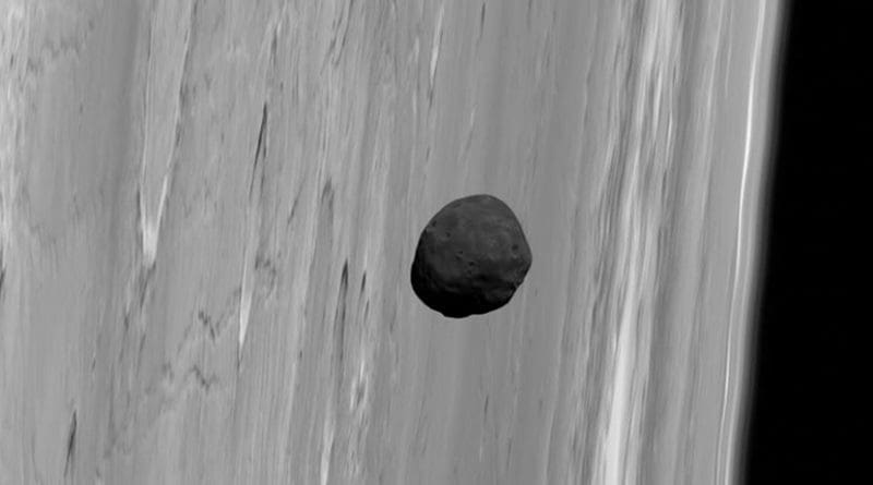 Phobos, the larger of Mars' two tiny satellites, pictured near the limb of Mars by the robot spacecraft Mars Express in 2010. Credit G. Neukum (FU Berlin) et al., Mars Express, DLR, ESA; Acknowledgement: Peter Masek