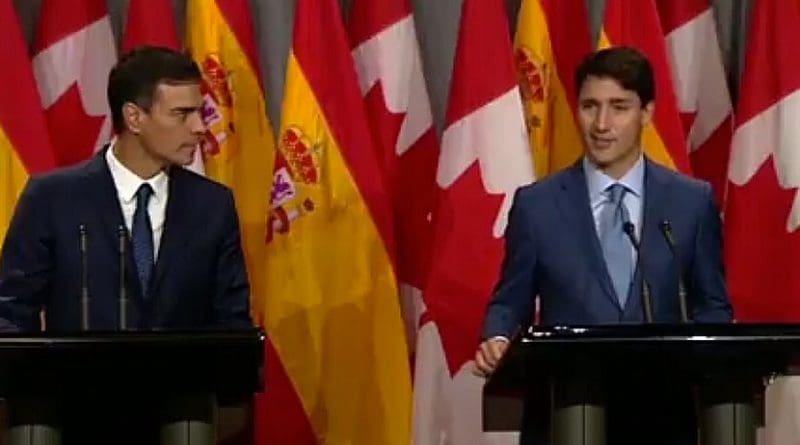 Spain's Prime Minister Pedro Sánchez with the Prime Minister of Canada, Justin Trudeau. Credit: Screenshot Moncloa video