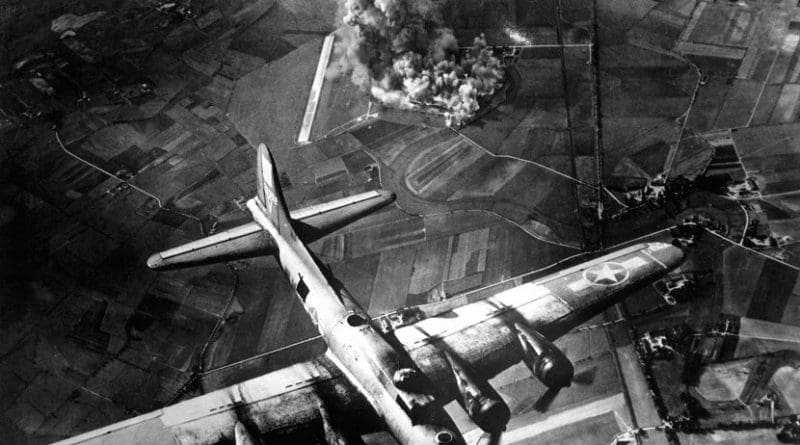 Bombing of a factory at Marienburg, Germany, on Oct. 9, 1943. Credit US Air Force