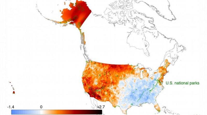 Using data from weather stations scattered throughout the U.S., climate researchers have created maps of the average annual temperature and rainfall totals at points approximately 800 meters apart over much of the United States. In this study, the team used these maps to calculate historical temperature and rainfall trends within the parks and over the U.S. as a whole. Credit Patrick Gonzalez
