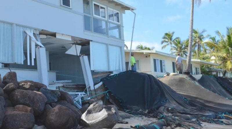 This image shows extensive shoreline erosion near homes at Mokuleia on Oahu's northshore. Credit Brad Romine