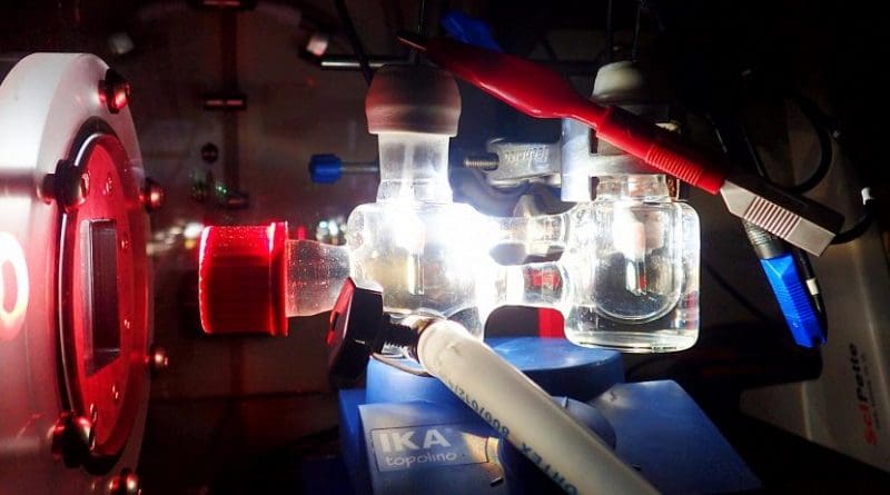 Experimental two-electrode setup showing the photoelectrochemical cell illuminated with simulated solar light. Credit Katarzyna Sokó