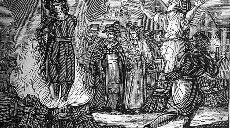 A woodcut illustrating an execution by burning at the stake. original caption: "Burning at the stake. An illustration from an mid 19th century book." Source: Wikimedia Commons.