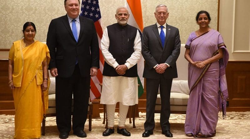 Indian Minister of External Affairs Sushma Swaraj, left, U.S. Secretary of State Michael Pompeo, Indian Prime Minister Narendra Modi, U.S. Defense Secretary James N. Mattis and Indian Defense Minister Nirmala Sitharaman meet at Modi’s residence in New Delhi, Sept. 6, 2018. Mattis, Pompeo and their Indian counterparts met with Modi following the first-ever U.S.-India two-plus-two ministerial dialogue. DoD photo by Lisa Ferdinando