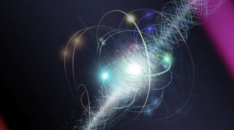 In this artist's representation, an electron orbits an atom's nucleus, spinning about its axis as a cloud of other subatomic particles are constantly emitted and reabsorbed. Several hypotheses predict particles, as yet undetected, would cause the cloud to appear slightly pear-shaped. ACME researchers peered at the shape with unprecedented, extreme precision. To the limits of their experiment, they saw a perfectly round sphere, implying that certain types of new particles -- if they exist at all -- have properties different from those theorists expected. Credit Nicolle R. Fuller, National Science Foundation