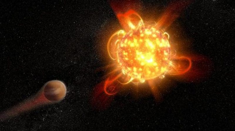 Violent outbursts of seething gas from young red dwarfs may make conditions uninhabitable on fledgling planets. In this artist's rendering, an active, young red dwarf (right) is stripping the atmosphere from an orbiting planet (left). ASU astronomers have found that flares from the youngest red dwarfs they surveyed -- approximately 40 million years old -- are 100 to 1000 times more energetic than when the stars are older. They also detected one of the most intense stellar flares ever observed in ultraviolet light -- more energetic than the most powerful flare ever recorded from our Sun. Credit NASA, ESA, and D. Player (STScI)