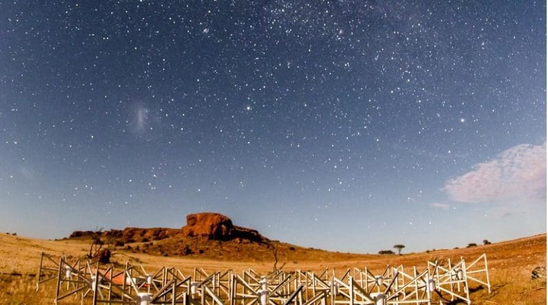 This is an outlying tile of the MWA telescope, located about 1.5km from the core. The Moon lights the tile and the ancient landscape. Credit Pete Wheeler, ICRAR