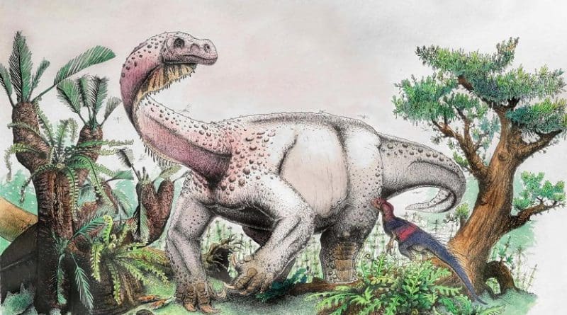 The Highland Giant: Artist Viktor Radermacher's reconstuction of what Ledumahadi mafube may have looked like. Another South African dinosaur, Heterodontosaurus tucki, watches in the foreground. Credit Copyright Viktor Radermacher