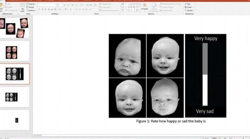 This figure illustrates examples of baby images with varying valence and intensity. Participants have to rate how happy or sad the baby is by moving the rating bar up or down. The more intense they think an emotion is the further up or down the rating bar goes. Credit: Anne Bjertrup