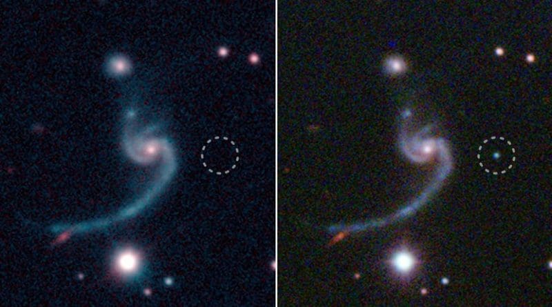 Left: Red and green composite image from the Sloan Digital Sky Survey (SDSS) taken before supernova iPTF14gqr. Right: Red/green/blue composite image from the Palomar 60-inch telescope taken on October 19, 2014, during supernova iPTF14gqr. The circles indicate the position of the supernova. Credit SDSS/Caltech