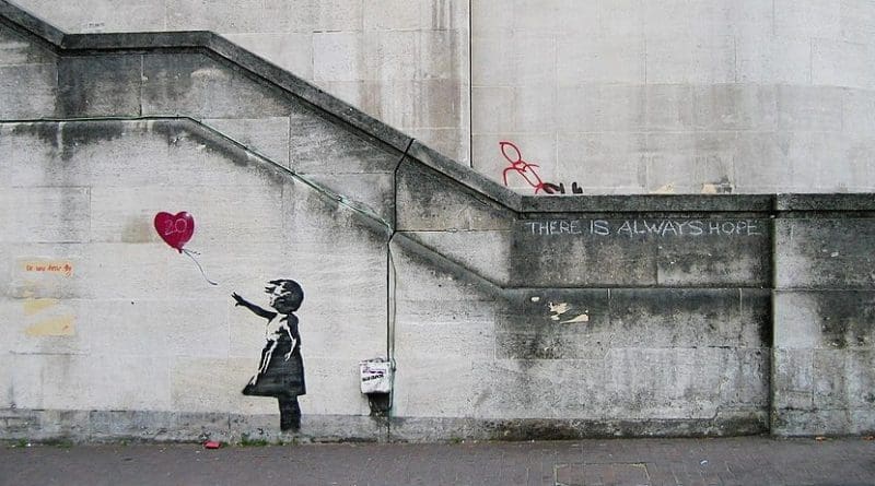 Original mural of "Balloon Girl" by Banksy on Waterloo Bridge in South Bank in 2004. Photo Credit: Dominic Robinson, Wikipedia Commons.