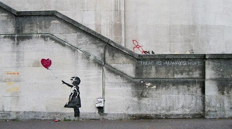 Original mural of "Balloon Girl" by Banksy on Waterloo Bridge in South Bank in 2004. Photo Credit: Dominic Robinson, Wikipedia Commons.