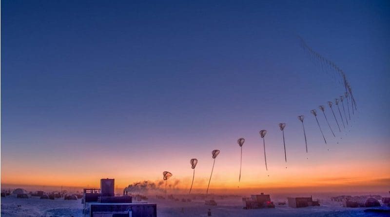 This time-lapse photo from Sept. 10, 2018, shows the flight path of an ozonesonde as it rises into the atmosphere over the South Pole from the Amundsen-Scott South Pole Station. Scientists release these balloon-borne sensors to measure the thickness of the protective ozone layer high up in the atmosphere. Credit Robert Schwarz/University of Minnesota
