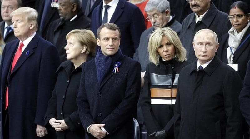 Russia's Vladimir Putin with President of the United States of America Donald Trump and First Lady Melania Trump, Federal Chancellor of Germany Angela Merkel, President of the French Republic Emmanuel Macron and his wife Brigitte Macron at the commemorative ceremony marking the centenary of Armistice Day. Photo Credit: Kremlin.ru