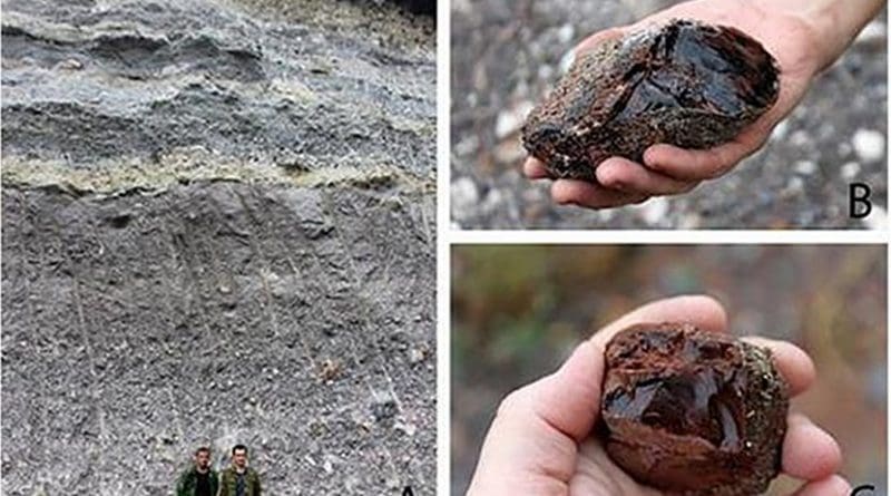 A - obsidian in rocks formed during the eruption; B, C - obsidian boulders ("bombs"), differing in color and shape. Credit Ekaterina V. Doronicheva et al. / Journal of Archaeological Science: Reports 2018