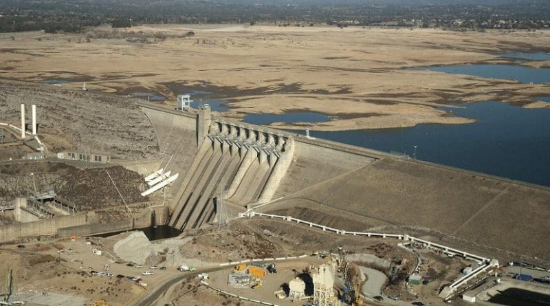 This photo is an aerial view of Folsom Dam and Lake in Sacramento County shows low water levels in January 2014. Credit Paul Hames/California Department of Water Resources