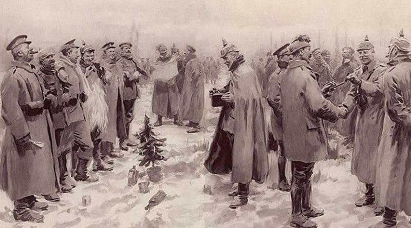 The Illustrated London News's illustration of the Christmas Truce: "British and German Soldiers Arm-in-Arm Exchanging Headgear: A Christmas Truce between Opposing Trenches" The subcaption reads "Saxons and Anglo-Saxons fraternising on the field of battle at the season of peace and goodwill: Officers and men from the German and British trenches meet and greet one another—A German officer photographing a group of foes and friends." Source: A. C. Michael - The Guardian. Originally published in The Illustrated London News, January 9, 1915, Wikipedia Commons.