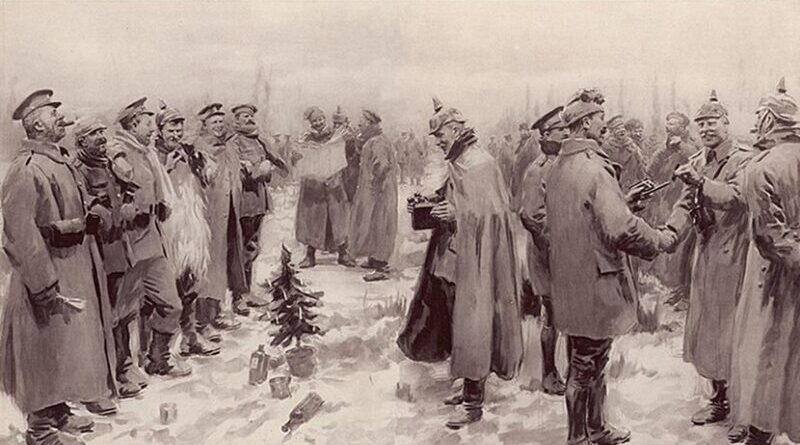 The Illustrated London News's illustration of the Christmas Truce: "British and German Soldiers Arm-in-Arm Exchanging Headgear: A Christmas Truce between Opposing Trenches" The subcaption reads "Saxons and Anglo-Saxons fraternising on the field of battle at the season of peace and goodwill: Officers and men from the German and British trenches meet and greet one another—A German officer photographing a group of foes and friends." Source: A. C. Michael - The Guardian. Originally published in The Illustrated London News, January 9, 1915, Wikipedia Commons.