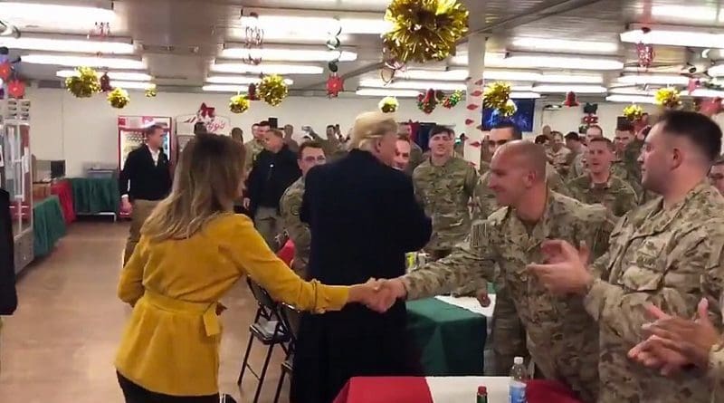 US President Donald Trump and first lady Melania Trump pay surprise visit to troops in Iraq. Photo Credit: Screenshot White House video