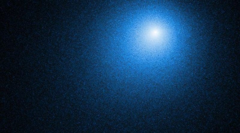 NASA's Hubble Space Telescope photographed comet 46P/Wirtanen on Dec. 13, when the comet was 7.4 million miles (12 million kilometers) from Earth. In this visible light image, the comet's nucleus is hidden in the center of a fuzzy glow from the comet's coma. The coma is a cloud of gas and dust that the comet has ejected during its pass through the inner solar system due to heating from the Sun. To make this composite image, the color blue was applied to high-resolution grayscale exposures acquired from the spacecraft's WFC3 instrument. Credit NASA, ESA, and D. Bodewits (Auburn University), and J.-Y. Li (Planetary Science Institute)