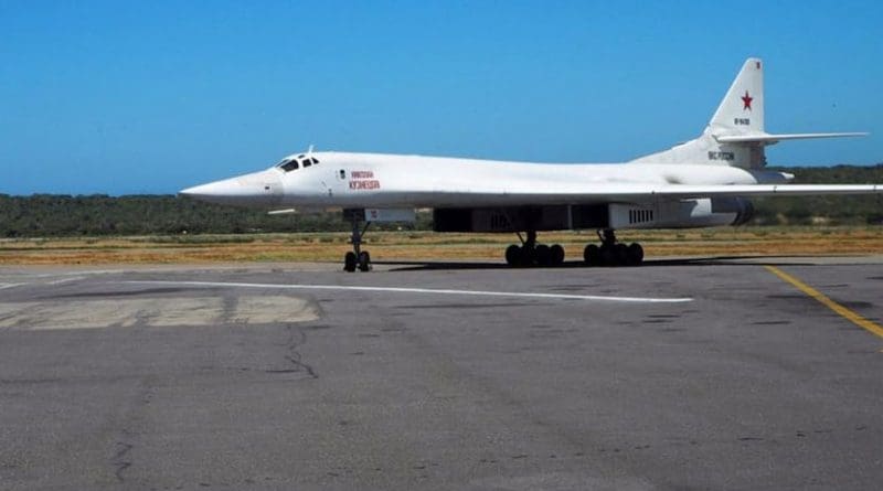 A Russian Tu-160 heavy strategic bomber on the tarmac in Maiquetia, Venezuela, on December 10. Photo Credit: Russia's Defense Ministry