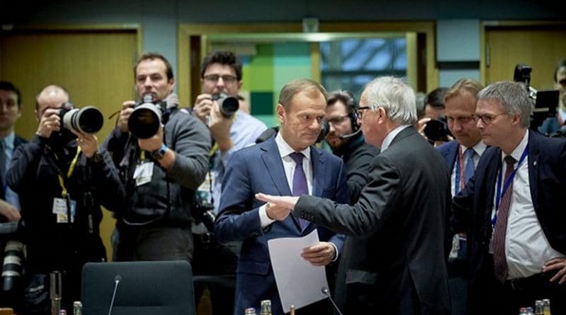 European Council President, Donald Tusks, listens to European Commission chief, Jean-Claude Juncker on Friday, before the summit started. [Council]