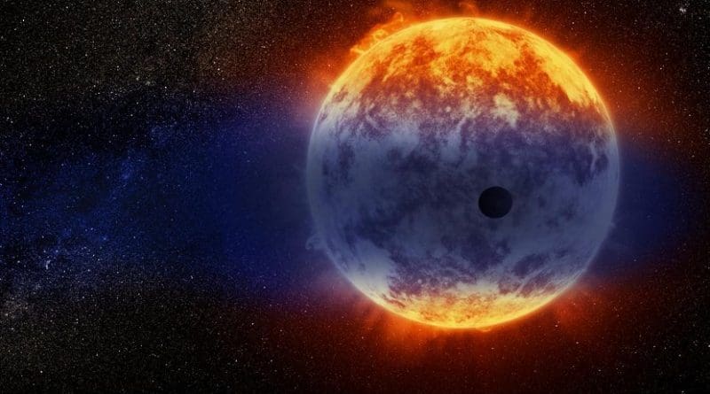 This artist's illustration shows a giant cloud of hydrogen streaming off a warm, Neptune-sized planet just 97 light-years from Earth. The exoplanet is tiny compared to its star, a red dwarf named GJ 3470. The star's intense radiation is heating the hydrogen in the planet's upper atmosphere to a point where it escapes into space. The alien world is losing hydrogen at a rate 100 times faster than a previously observed warm Neptune whose atmosphere is also evaporating away. Credit NASA, ESA, and D. Player/STScI