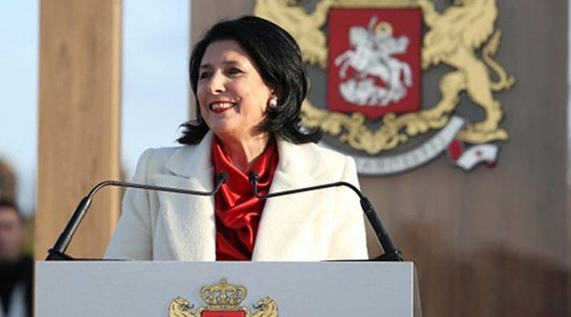 Salome Zurabishvili delivering her inauguration speech in the courtyard of the Palace of Erekle II, king of Kakheti and Kartli in the mid and late 18th century. Photo: President's press office