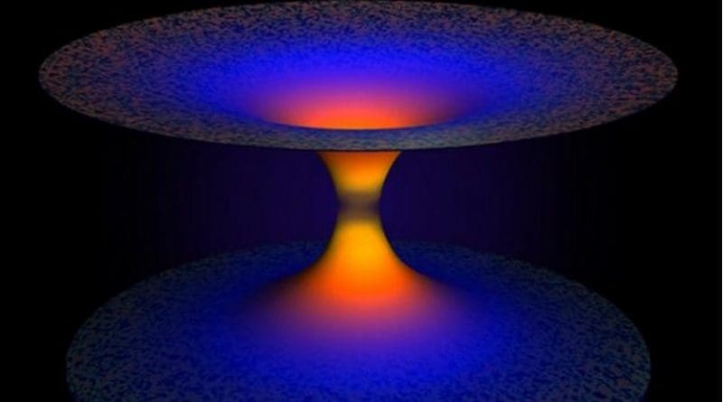 Artist representation of a black hole. The bottom half of the image depicts the black hole which, according to general relativity, traps everything including light. Effects based on loop quantum gravity, a theory that extends Einstein's general relativity using quantum mechanics, overcome this tremendous pull and liberate everything (top half of image), thus providing a concrete avenue for recovery of information previously thought to be lost in the black hole singularity. Credit A. Corichi and J. P. Ruiz