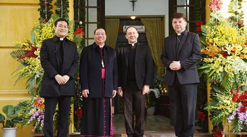 Archbishop Marek Zalewski, Monsignor Antoine Camilleri, Archbishop Joseph Vu Van Thien and a Vatican official pose for a photo at Hanoi Archbishop's House. (Photo courtesy of Hanoi Archdiocese)