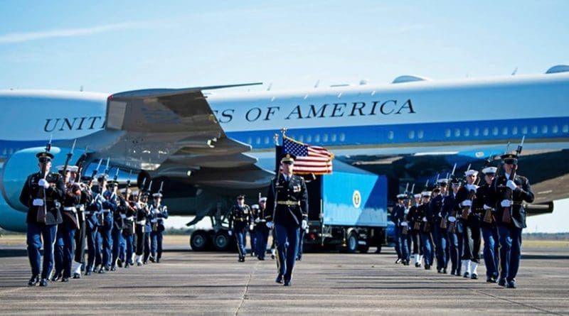 Joint Forces Honor Guard members participate in a departure ceremony for former President George H.W. Bush at Ellington Field Joint Reserve Base in Houston, Dec. 3, 2018. Nearly 4,000 military and civilian personnel from all branches of the U.S. armed forces, including Reserve and National Guard components, provided ceremonial support during the state funeral for the 41st president of the United States. Air Force photo by Tech. Sgt. Andrew Lee