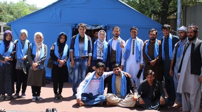 Afghan Peace Volunteers meet with members of the People's Peace Movement outside Kabul's U.K. embassy July 29 2018. photo credit: Dr. Hakim