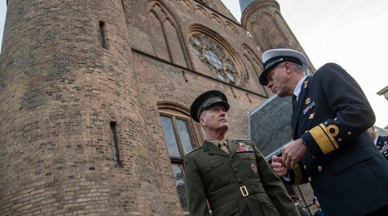 Marine Corps Gen. Joe Dunford, chairman of the Joint Chiefs of Staff, speaks with his Dutch counterpart, Navy Adm. Rob Bauer, the Netherlands’ chief of defense, at the Binnenhof in The Hague, Netherlands, Jan. 18, 2019. DOD photo by Navy Petty Officer 1st Class Dominique A. Pineiro