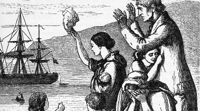 Engraving of Emigrants leaving Ireland by Mary Frances Cusack. Credit: Wikipedia Commons.