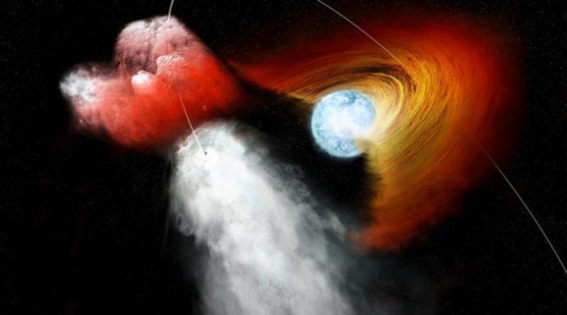 Illustration of a high-mass X-ray binary system made up of a compact, incredibly dense neutron star paired with a massive 'normal' supergiant star. New data from NASA's Chandra X-ray Observatory shows that the neutron star in the high-mass X-ray binary, OAO 1657-415, passed through a dense patch of stellar wind from its companion star, demonstrating the clumpy nature of stellar winds. Credit NASA/CXC/M.Weiss