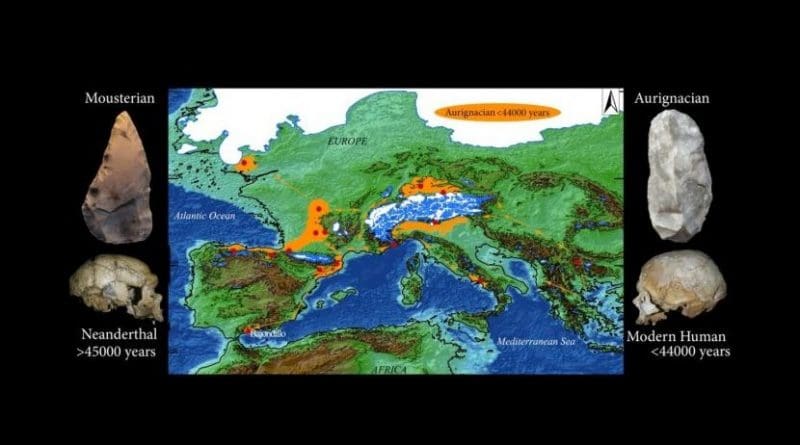 These are selected archaeological sites in Western Europe with Aurignacian industries actually or potentially older than 42,000 years, including Bajondillo Cave (Spain). Orange arrows indicate potential expansion routes across Europe at low sea level. Images on the left show a Neanderthal skull (La Chapelle-aux-Saints, France) and a Mousterian tool recovered at Bajondillo Cave. On the right the images show a Modern Human skull (Abri-Cro-Magnon, France) and an Aurignacian tool recovered at Bajondillo Cave. Credit University of Seville