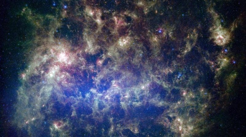 This vibrant image from NASA's Spitzer Space Telescope shows the Large Magellanic Cloud, a satellite galaxy to our own Milky Way galaxy. Credit NASA/JPL-Caltech/STScI