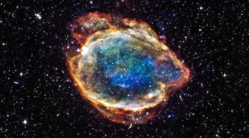 An X-ray/infrared composite image of G299, a Type Ia supernova remnant in the Milky Way Galaxy approximately 16,000 light years away. Source URL: http://chandra.harvard.edu/photo/2015/g299/ Credit NASA/Chandra X-ray Observatory/University of Texas/2MASS/University of Massachusetts/Caltech/NSF