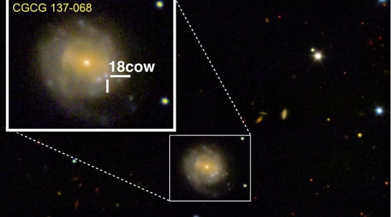 A look at The Cow (approximately 80 days after explosion) from the W.M. Keck Observatory in Maunakea, Hawaii. The Cow is nestled in the CGCG 137-068 galaxy, 200 million light years from Earth. Credit Raffaella Margutti/Northwestern University