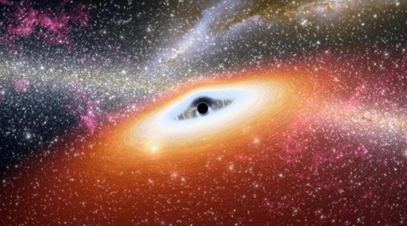 This is an artistic impression of a gas disk feeding a massive black hole while emitting radiation. Credit NASA