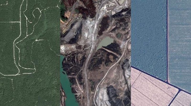 A new Duke study finds the causes of deforestation in Indonesia are far more varied than previously believed. Aerial images show forest loss caused by (1) large-scale oil palm plantations; (2) timber plantations; and (3) mining operations. Credit (Credits: 1) CNES/Airbus; 2) DigitalGlobe; 3) CNES/Airbus.)