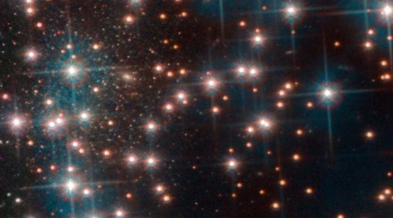 This image, taken with Hubble's Advanced Camera for Surveys shows a part the globular cluster NGC 6752. Behind the bright stars of the cluster a denser collection of faint stars is visible -- a previously unknown dwarf spheroidal galaxy. This galaxy, nicknamed Bedin 1, is about 30 million light-years from Earth. Credit ESA/Hubble, NASA, Bedin et al.